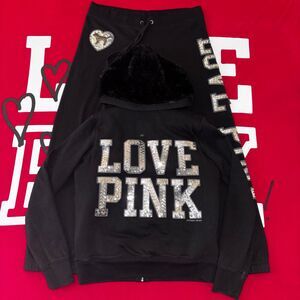 VS PINK Faux Fur Hoodie & Matching Sequin Bling LOVE PINK Sweatpants Outfit Set